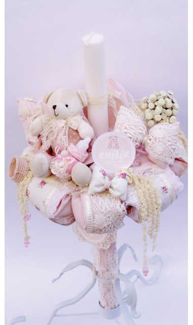Lumanare de botez pentru fete, cu flori si ursuleti, 65x4 cm, Baby Charm 1